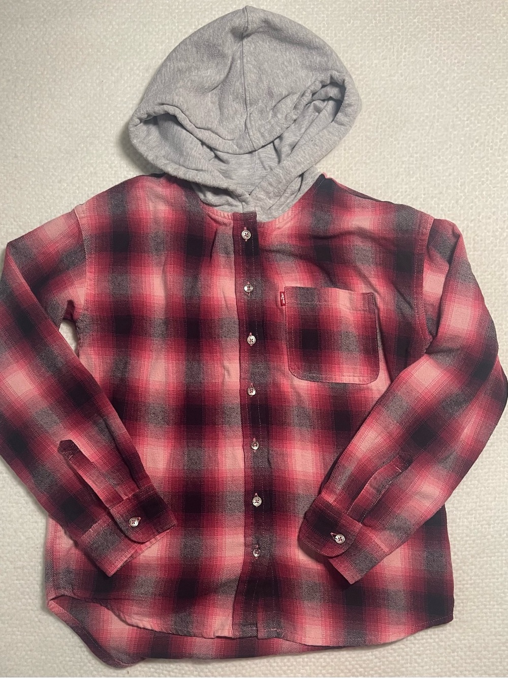 Levi's Girls Pink and Black Plaid Hooded Button Down Long Sleeve Flannel Jacket